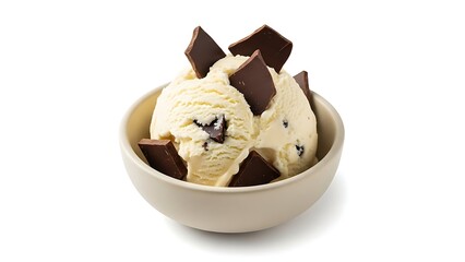 Bowl of vanilla ice cream with dark chocolate chunks on a white background pieces