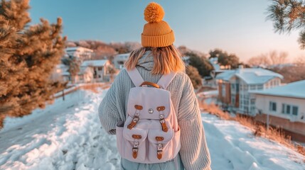 Solo traveler walking in snow during golden hour sunset