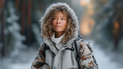 Woman Hiker with Backpack in Snowy Winter Forest