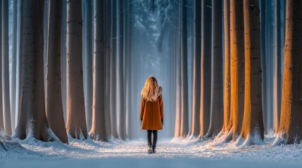 Solitary Woman Walking Through Snowy Winter Forest Avenue