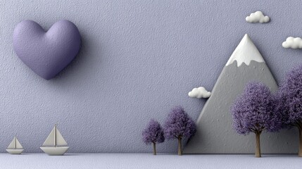 Valentine’s Day adventure love concept. Mountain silhouette with heart peak, paper sailboats, simple trees, lavender background