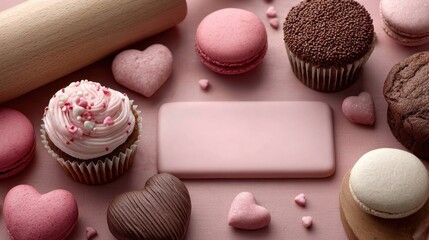 Valentine’s Day bakery sweet posters. Cupcakes with heart sprinkles, macarons, rolling pin, light pink bakery background. Bakery promo banner, gift certificate, card. Area for text.