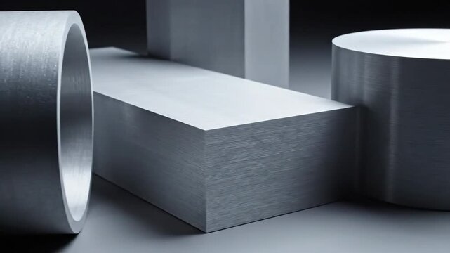 Sleek brushed aluminum forms in geometric arrangements, showcasing industrial design and material texture.