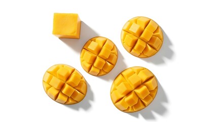 Cubed and Diced Mango Pieces with Shadows on a White Background fruit tropical
