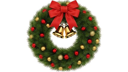 Festive Christmas Wreath with Red Bow, Golden Bells, and Ornaments on White Background holiday decoration