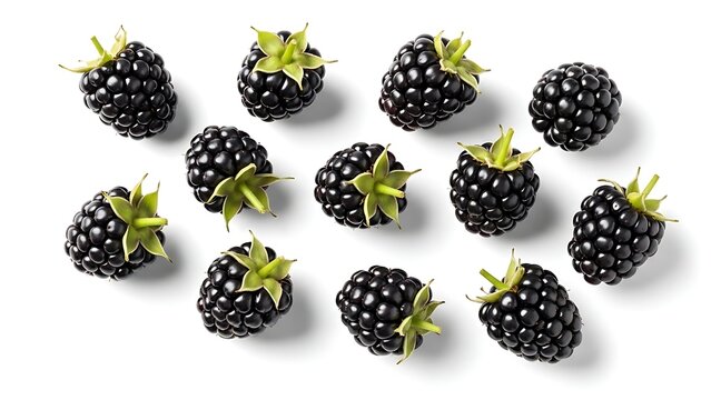Collection of Fresh Blackberries Scattered on White Surface blackberry fruit