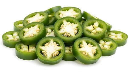 Pile of sliced green jalapeno peppers on a white background chili spicy