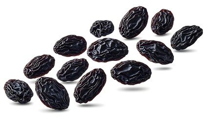Scattered Dark Raisins with Wrinkled Texture on White Background dried grapes dried fruit