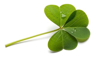 Single Green Clover Leaf with Water Droplets on White Background shamrock plant