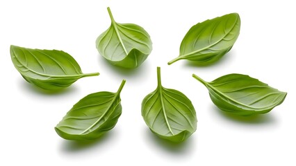 Six Green Basil Leaves Arranged in a Circle on White Background herb fresh