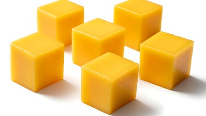Six Yellow Cheese Cubes Arranged in a Pattern on White Background cheddar food