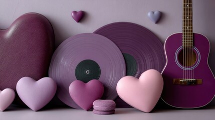 Valentine’s Day music lovers poster set. Music notes, vinyl records shaped as hearts, any guitars, deep purple background.