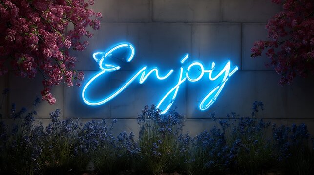 Blue Neon " Enjoy" Sign Illuminated Amidst Blooming Cherry Blossoms and Lavender Photo