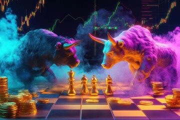 Two bull figures,  neon colors,  faceoff on a chessboard,  gold coins,  stock charts.  Smoke,  strategy,  market