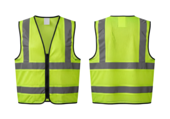 Isolated lime-green high-visibility safety vests (front/back views), flat lay, black trim, gray reflective stripes, transparent background, commercial studio product shot. Concept of occupational