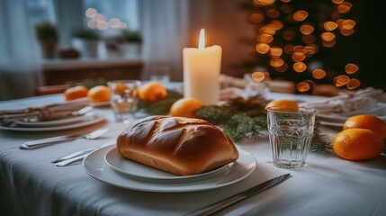 Festive Dinner Table with Candlelight, Bread, and Oranges
