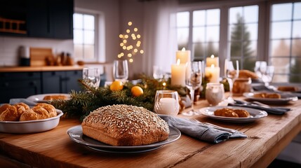 Cozy table setting with holiday bread, candles, and winter light