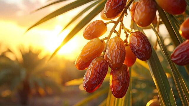 Close-up of ripe dates hanging on a palm tree branch in the warm sunlight.