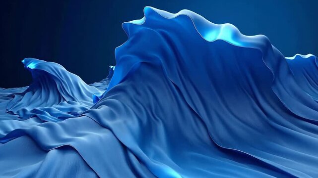 Abstract blue fabric drapes and folds create a flowing, mountainous landscape against a dark background.
