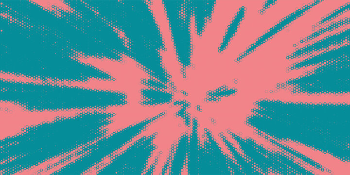 An eye-catching abstract background featuring a dynamic explosion or starburst effect created with halftone dot patterns. Bold pink shapes radiate from the center