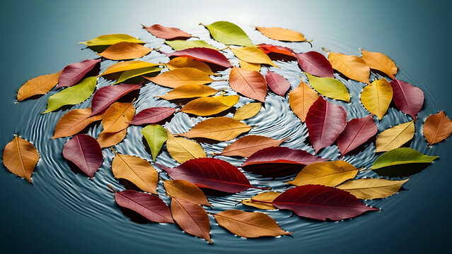 Autumn leaves floating on water surface vibrant fall colors reflection - Powered by Adobe