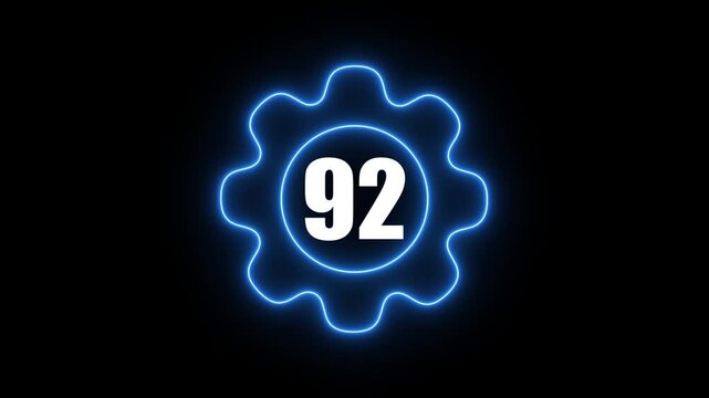 Glowing Blue Gear with Number 92 Neon Light Effect on Black Background Technology Concept gear blue neon