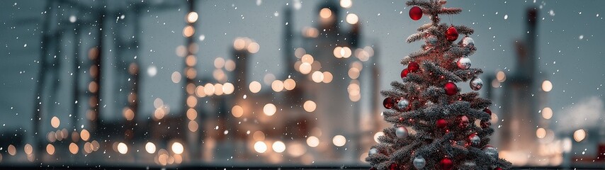 Christmas Tree with Red Ornaments in front of Snowy Electrical Towers