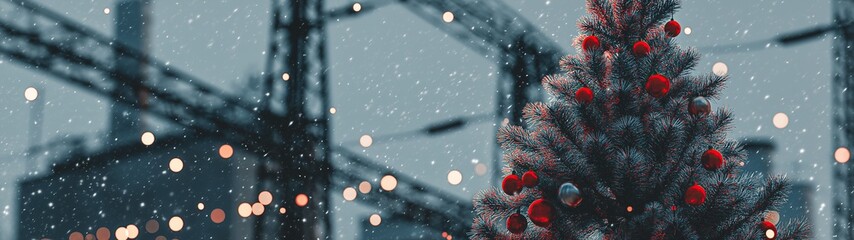 Christmas Tree with Red Ornaments in front of Snowy Electrical Towers