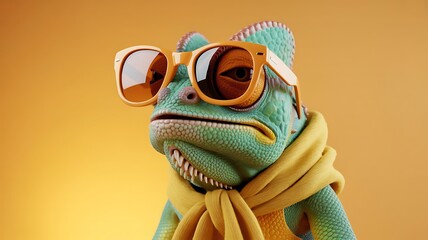 Hyper-Realistic 3D Chameleon Wearing Retro Sunglasses and Mustard Scarf on Orange Gradient Background