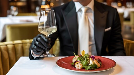 Upscale Fine-Dining Scene with Man in Suit Holding Wine Glass and Gourmet Scallop Dish