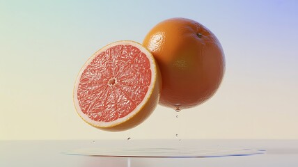 Hyper-Realistic Grapefruits in Mid-Air Above Ocean at Golden Hour with Juicy Slices and Water Droplets