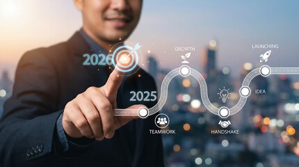 a businessman in a suit is focused on a digital display showing a road map to the year 2026 and beyond touching the