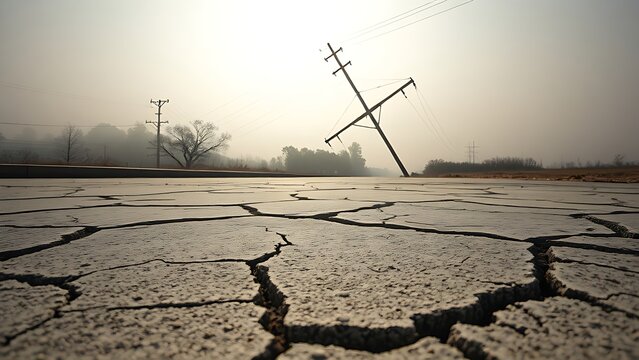 aftershock. Cracked concrete pavement and tilted utility pole after earthquake in morning fog. ESG reports, sustainability campaigns, designed for environmental awareness campaigns.