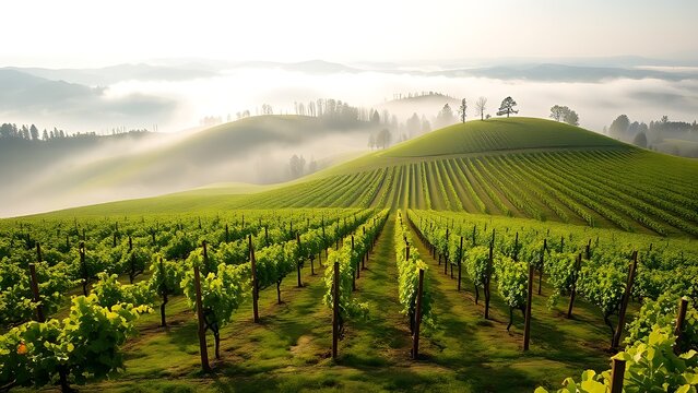 passphrase. Nebbiolo grape vineyard on Piedmont hillside with morning fog and rolling hills. travel magazines, destination branding, designed for outdoor magazines and nature guides.