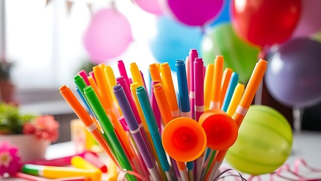 libertarian. Colorful party blowers and balloons on a table, festive celebration with soft lighting. lifestyle magazines.