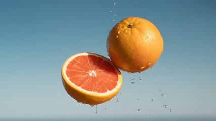 Hyper-Realistic Grapefruits in Mid-Air Above Ocean at Golden Hour with Juicy Slices and Water Droplets