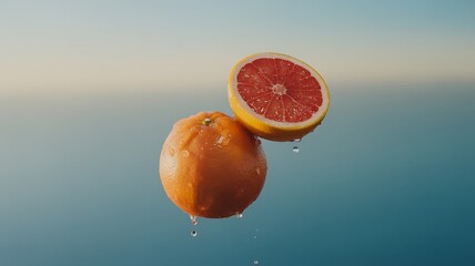 Hyper-Realistic Grapefruits in Mid-Air Above Ocean at Golden Hour with Juicy Slices and Water Droplets
