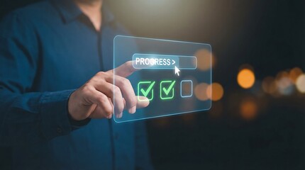 a man in a suit interacts with a futuristic holographic interface displaying a progress bar and checkmarks symbolizing task completion and digital workflow