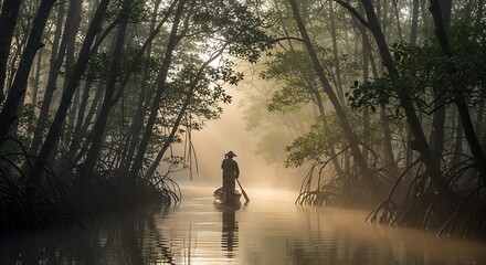 Mystical Journey - Silhouette in a Foggy Forest Canal.