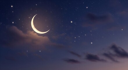 Crescent Moon Glowing Brightly in a Dark Starry Night Sky with Clouds