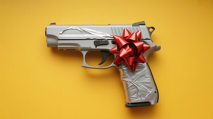 Holiday Gift-Wrapped Futuristic Toy Blaster with Red Ribbon on Yellow Background