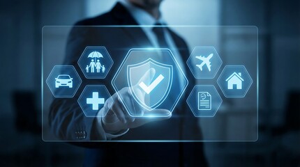 A man in a suit interacts with a glowing holographic interface displaying various insurance icons representing security and digital protection concepts high quality