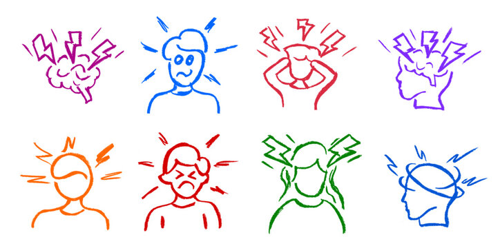 Head Pain Dizziness Related Icon Crayon Chalk Drawing Doodle Vector Set