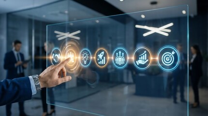 a blurred view of a person interacting with a transparent digital display showing a progress timeline with glowing icons in an office environment