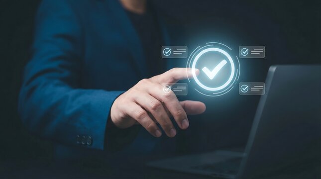 a professional individual in a suit interacts with a glowing digital interface displaying checkmark icons likely representing successful completion or verification high quality - Powered by Adobe