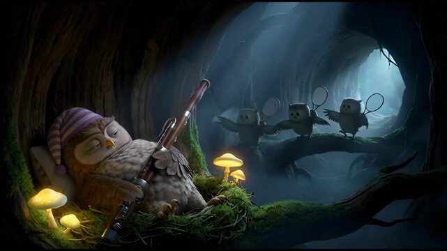 Sleepy cartoon owl in nightcap rests with bassoon in a magical forest cave, with playful baby owls in background, depicting a peaceful night concept