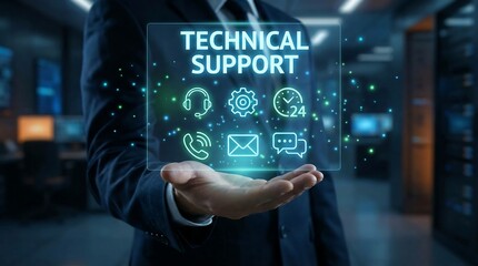 A person is presenting a glowing holographic screen displaying technical support icons like headsets gears and clocks in a data center environment