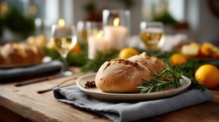 Rustic Holiday Dining Table with Bread Rolls and Candles
