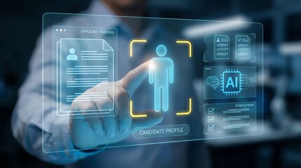 a futuristic depiction of facial recognition technology and ai powered candidate profile analysis within a modern and technologically advanced office setting high quality