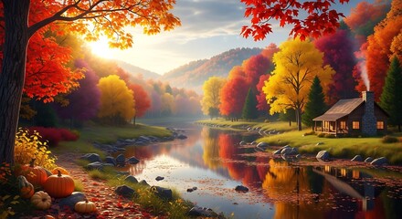 Autumnal Cabin Retreat - Reflections on a Tranquil River.